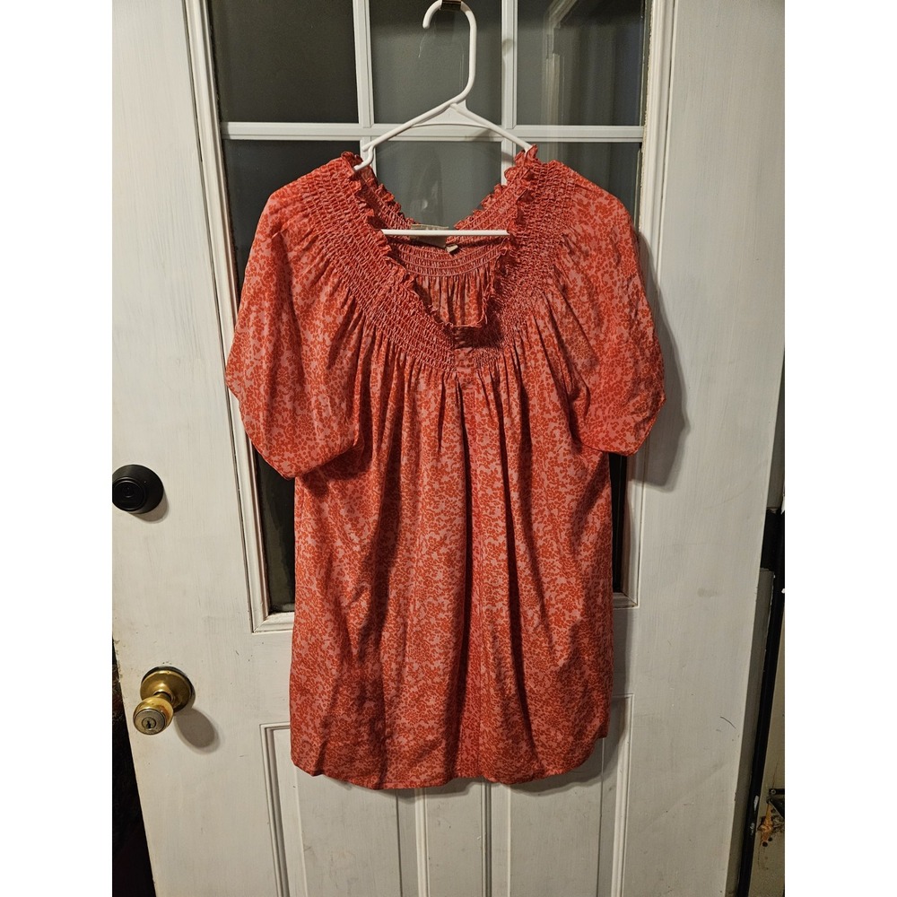 Rungolee Womens Size M Smocked Peasant Blouse Floral Pink Orange Prairie Shirt